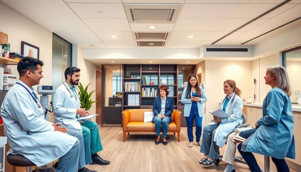 A high-resolution, photorealistic image of a modern, well-equipped IVF Conceptions clinic, with doctors, nurses, and patients discussing medical, legal, and emotional considerations for surrogacy and egg donor arrangements. The foreground features a consultation room with a cozy, professional atmosphere, showcasing medical equipment and documents. The middle ground depicts a waiting area with supportive resources and counseling materials. The background highlights the clinic's state-of-the-art laboratory facilities and administrative offices, conveying a sense of care, expertise, and attention to every aspect of the surrogacy process.
