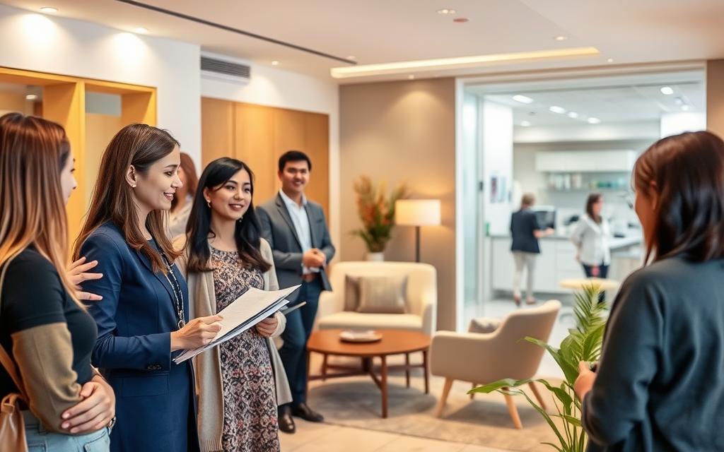 A modern clinic in Kyiv, Ukraine, with a warm, inviting atmosphere. In the foreground, a friendly staff member provides information to a diverse group of clients, including an Asian woman, about the available egg donor options. The middle ground showcases a cozy lounge area with tasteful decor, where potential donors and recipients can consult privately. In the background, the clinic's state-of-the-art laboratory can be seen, where donor eggs are carefully screened and prepared for implantation. The lighting is soft and natural, creating a sense of professionalism and care. The overall scene conveys the thoughtful, personalized approach to Asian egg donor IVF services offered at this Ukrainian fertility clinic.