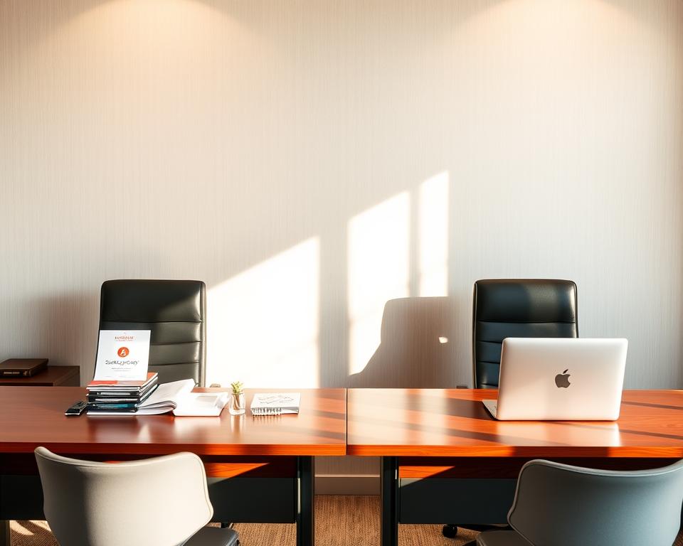 A professional, clean-cut office interior with two distinct desks, one representing a surrogacy agency and the other an independent surrogacy option. The agency desk is neatly organized with branded materials, while the independent desk has a more personal, handwritten feel. Warm, directional lighting casts shadows, creating a sense of depth and professionalism. The background features a neutral, minimalist wall with subtle textures, allowing the desks to be the focal point. An air of comparison and decision-making permeates the scene, guiding the viewer to weigh the merits of each surrogacy approach.