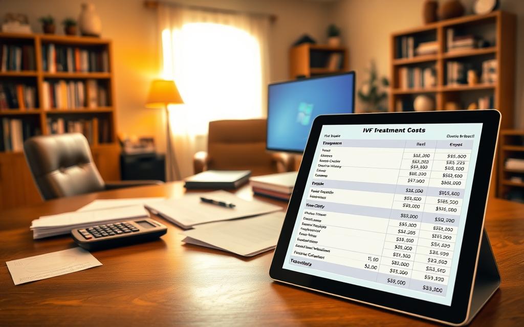A spacious, well-organized home office with a large wooden desk, a desktop computer, and various financial documents and a calculator scattered across the surface. The lighting is warm and inviting, creating a cozy, productive atmosphere. In the background, a bookshelf filled with finance and medical books, subtly alluding to the subject matter. On the desk, a tablet or laptop displays a detailed budget breakdown for IVF treatment costs, including line items for medical fees, medications, and other associated expenses. The overall scene conveys a sense of careful planning and financial preparedness for the IVF journey.