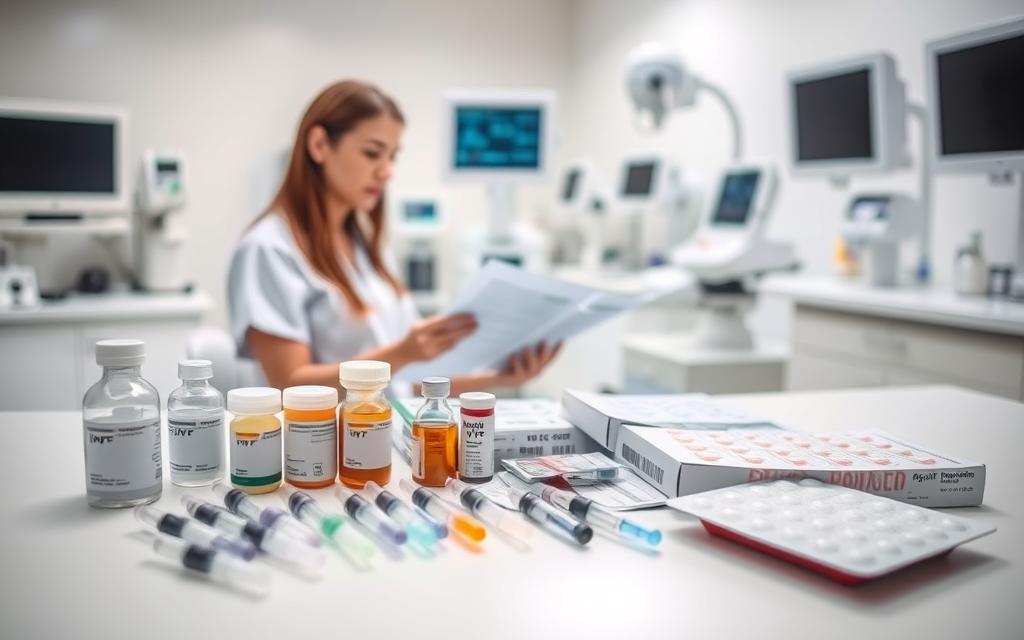 A sterile, well-lit medical laboratory setting. In the foreground, an array of various IVF medications and treatments neatly arranged on a clean, white countertop. Syringes, vials, and blister packs are precisely organized, conveying the importance of adherence to the prescribed regimen. The middle ground shows a patient carefully reviewing their medication schedule and instructions, their expression determined and focused. In the background, medical equipment and monitors subtly suggest the comprehensive nature of the IVF process. Soft, neutral lighting and muted tones create a clinical yet reassuring atmosphere, emphasizing the professionalism and care required for successful IVF treatment.