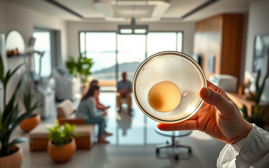 An IVF egg donation clinic in Greece, with a bright, modern interior. In the foreground, a medical professional gently holds a petri dish containing a freshly harvested donor egg, backlit by soft, diffused lighting. In the middle ground, patients sit calmly in a waiting area, surrounded by soothing earth-toned decor and plants. The background features state-of-the-art medical equipment and a panoramic view of the Aegean Sea, conveying a sense of tranquility and care. The atmosphere is one of professionalism, compassion, and attention to detail, reflecting the high standards of IVF treatment in Greece.