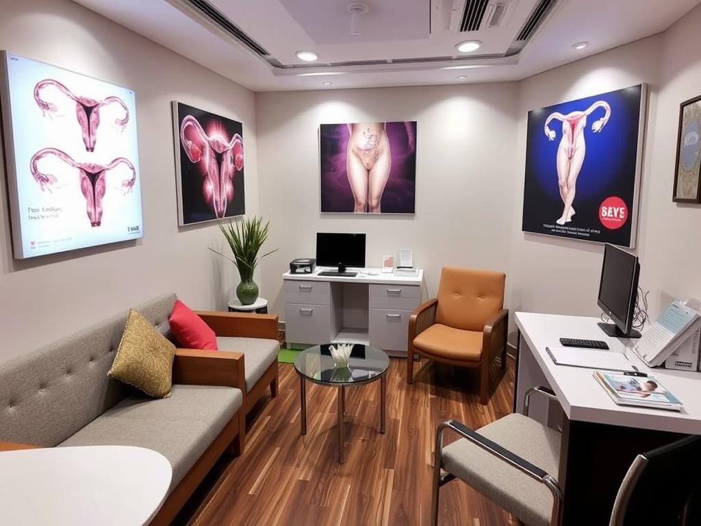 Consultation room at a top surrogacy centre in India with comfortable seating and medical displays