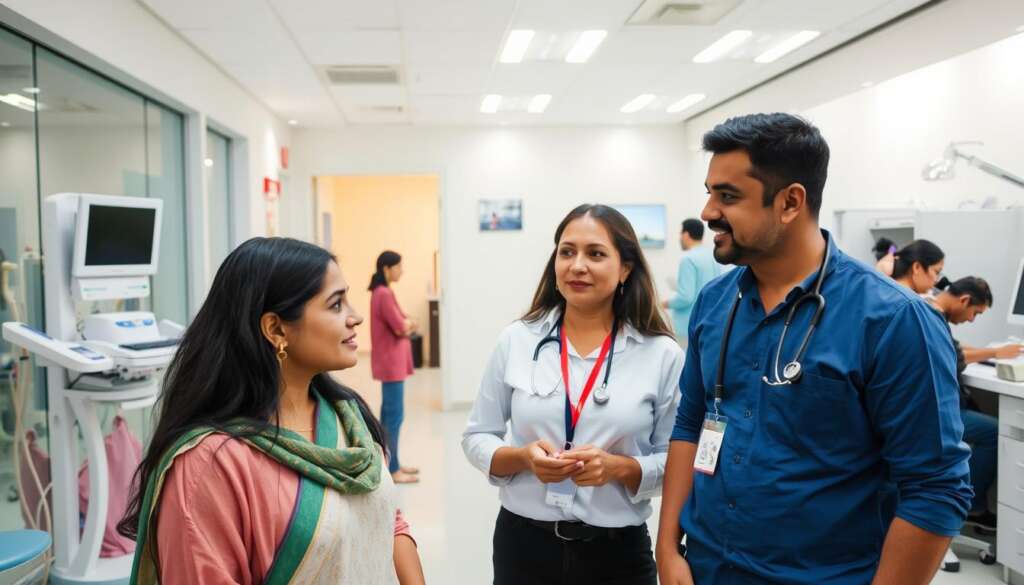 Couple touring a surrogacy centre in India, speaking with medical staff