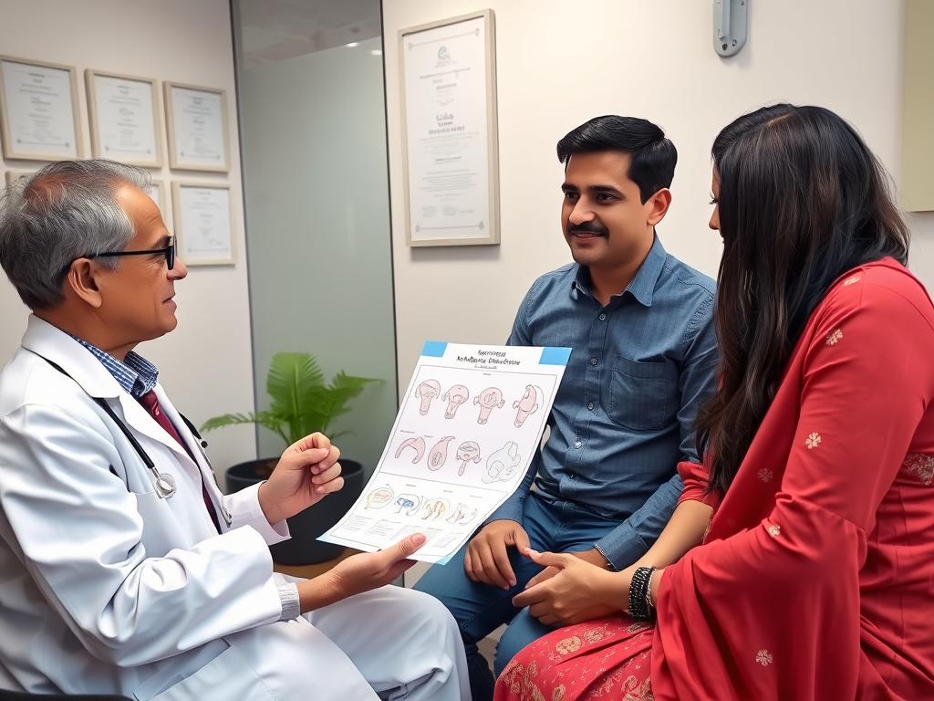Doctor explaining surrogacy process to a couple at a leading surrogacy centre in India