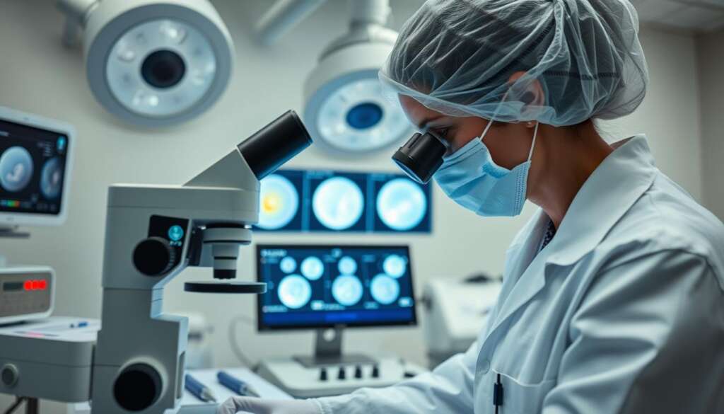 Laboratory technician at a Best Surrogacy Agency in India examining embryos