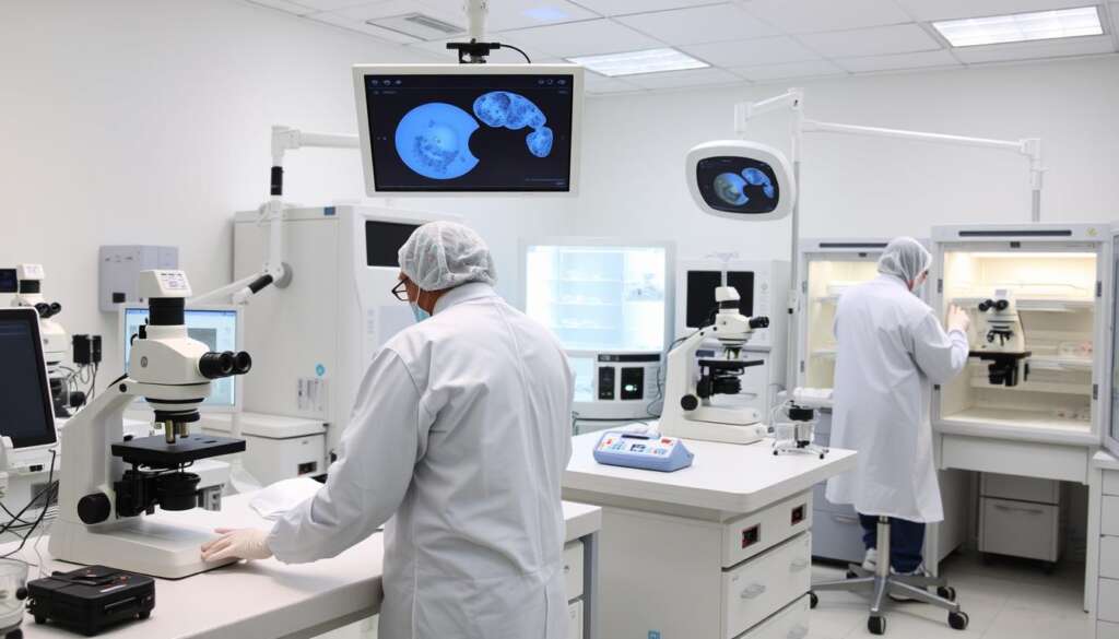 Modern laboratory at a top surrogacy centre in India with embryologists working