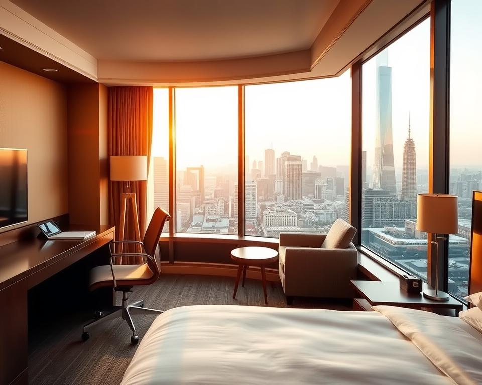 A cozy hotel suite with a large window overlooking a bustling city skyline. The room is bathed in warm, golden light from the setting sun, casting a soft glow on the plush bedding and modern, minimalist furniture. In the foreground, a well-appointed desk and comfortable chair, perfect for planning and organizing travel details. The middle ground features a small sitting area with a loveseat and coffee table, ideal for relaxing and discussing surrogacy arrangements. The background showcases the cityscape beyond, a vibrant tapestry of towering skyscrapers and twinkling lights, hinting at the exciting possibilities that await.
