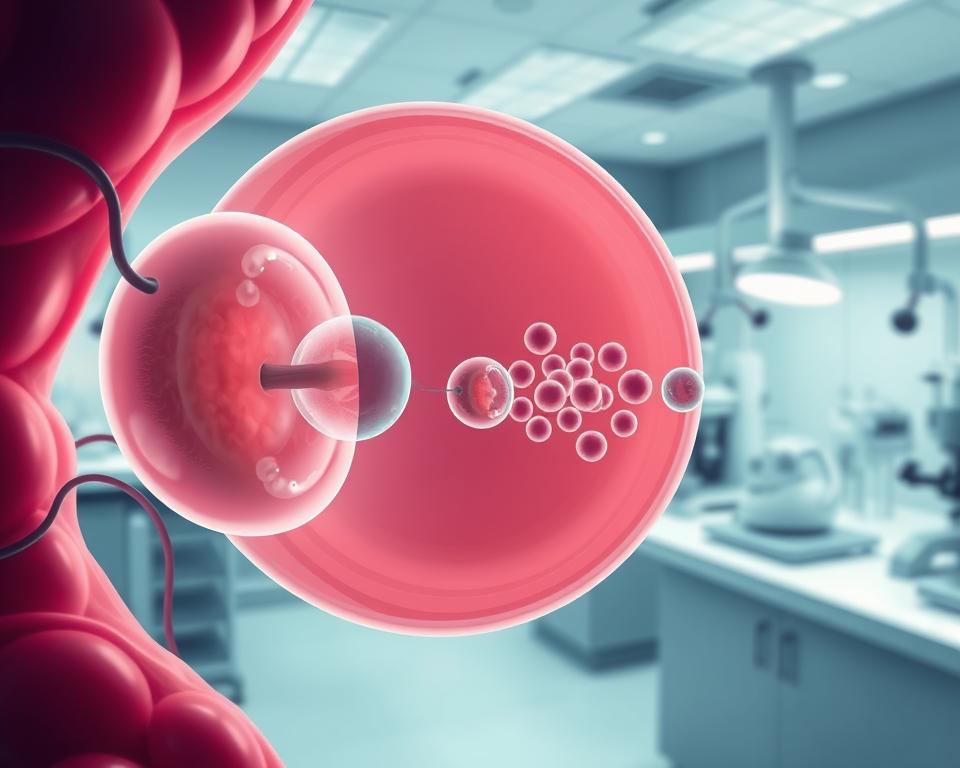 A detailed, scientifically accurate illustration of the in vitro fertilization process. In the foreground, a microscopic view of a human egg cell being penetrated by a sperm cell, their nuclei merging to form a zygote. In the middle ground, the zygote dividing into a cluster of cells, the embryo developing over several days. In the background, a sterile medical laboratory setting with scientific equipment, bathed in cool, clinical lighting to evoke the technical nature of the procedure.