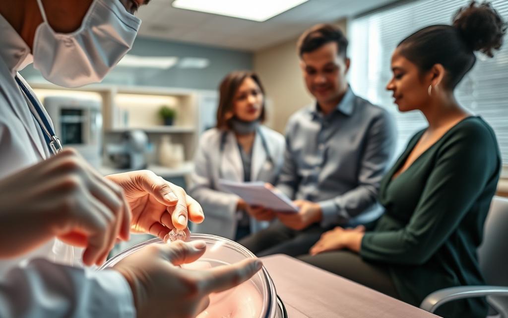 A modern medical clinic with a warm, welcoming atmosphere. In the foreground, a close-up of an IVF procedure, with a doctor's hands carefully handling delicate embryos. The middle ground features a financial consultant discussing costs and options with a hopeful couple, their expressions serious yet hopeful. The background showcases the clinic's state-of-the-art equipment and facilities, conveying professionalism and expertise. Soft, natural lighting illuminates the scene, creating a sense of comfort and trust. The overall mood is one of care, compassion, and a commitment to helping patients navigate the complexities of IVF with donor eggs in South Africa.