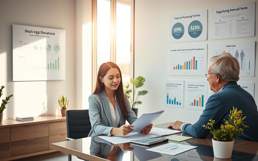 A modern, minimalist financial planning office in Almaty, Kazakhstan, bathed in warm, natural lighting streaming through large windows. In the foreground, a young woman in professional attire sits at a desk, reviewing financial documents and discussing options with an older, experienced advisor. On the walls, various infographics and charts illustrate the costs and procedures involved in egg donation. The overall atmosphere conveys a sense of trust, expertise, and thoughtful consideration of the complexities surrounding this sensitive topic.