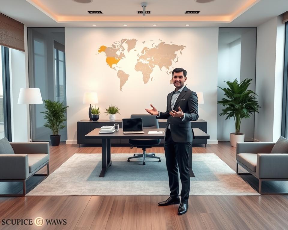 A modern, professional office setting with sleek furniture and minimalist decor. In the center, a large desk with a laptop, paperwork, and a potted plant. On the wall behind the desk, a stylized world map highlighting Kazakhstan. Subtle lighting from floor lamps and natural sunlight through floor-to-ceiling windows creates a warm, welcoming atmosphere. In the foreground, a well-dressed professional standing, gesturing towards the desk, conveying an informative, consultative tone. The overall scene exudes an air of international business and surrogacy expertise.