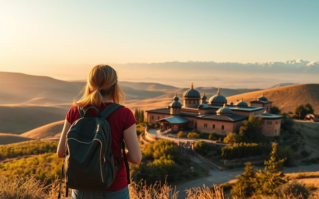 A scenic, high-resolution photograph of a traveler exploring the vibrant, culturally-rich landscapes of Kazakhstan. In the foreground, a young woman stands with a backpack, gazing out at the vast, rolling hills and distant snow-capped mountains. The middle ground features traditional Kazakh architecture, with domed roofs and earthen tones, nestled among lush greenery. In the background, the horizon is bathed in a warm, golden light, creating a serene and inviting atmosphere. The image is captured with a wide-angle lens, emphasizing the grandeur of the setting, and lit with soft, natural lighting that highlights the textural details of the environment.