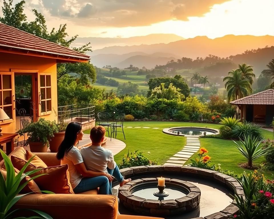A serene Colombian countryside landscape, with a cozy colonial-style home nestled amidst lush greenery. In the foreground, a warm-toned living room filled with comfortable furniture and natural light, where a loving US couple sits with a surrogate mother, discussing the surrogacy process. The middle ground showcases a cheerful garden, with colorful flowers and a tranquil water feature. The background features the majestic Andes mountains, bathed in a soft, golden glow. The scene exudes a sense of harmony, trust, and the embrace of a new life, conveying the essence of the surrogacy journey for US citizens in Colombia.