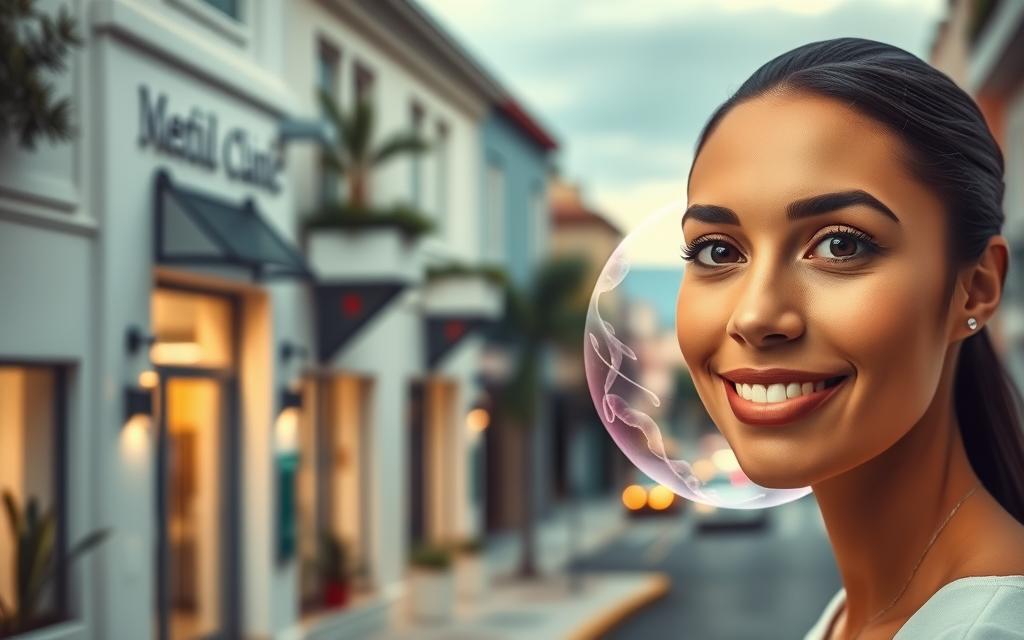 A serene medical clinic nestled in the vibrant streets of Mexico, its pristine white facade and modern design exuding a sense of professionalism and care. In the foreground, a warm-toned portrait of a smiling woman, her gaze conveying a sense of empowerment and purpose. The middle ground showcases a delicate egg cell, its intricate structure captured in vivid detail, symbolizing the heart of the surrogacy process. In the background, a softly blurred cityscape, hinting at the cultural richness and diversity of the Mexican landscape. Soft, diffused lighting casts a gentle glow, evoking a sense of hope and possibility. The overall composition strikes a balance between the clinical and the personal, reflecting the sensitive and transformative nature of the egg donor surrogacy journey.