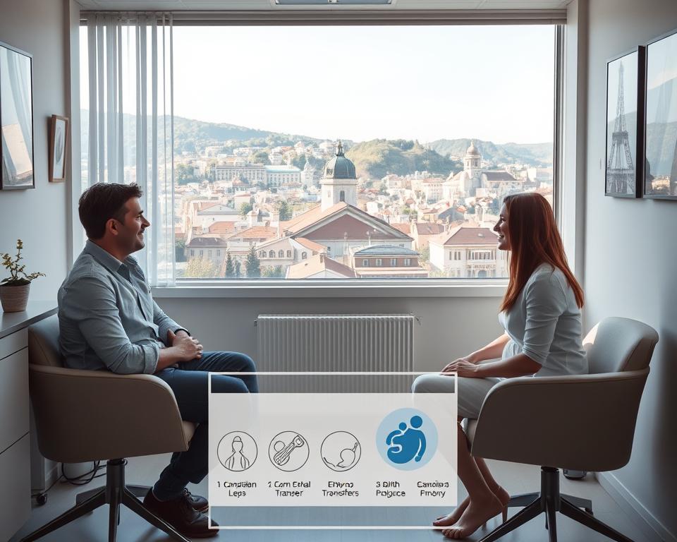 A serene medical office in Tbilisi, Georgia, bathed in soft, natural lighting. In the foreground, a Canadian couple sits across from a surrogate mother, discussing the surrogacy process with warm, friendly expressions. The middle ground showcases a diagram outlining the various steps, from embryo transfer to birth, depicted with clean, informative illustrations. In the background, a cityscape of historic Georgian architecture frames the scene, conveying a sense of cultural exchange and international collaboration. The overall mood is one of professionalism, empathy, and the promise of parenthood.