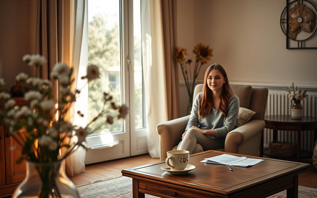 A serene, sunlit room with a warm, cozy atmosphere. A young woman sits on a comfortable chair, her gaze filled with a sense of contentment and purpose. In the foreground, a vase of delicate flowers adds a touch of elegance. The middle ground features a wooden table with a cup of tea and some personal documents, hinting at the thoughtful process involved. In the background, a large window allows natural light to flood the space, creating a calming, introspective mood. The overall scene conveys the significance and emotional weight of the egg donor surrogacy journey in Armenia.