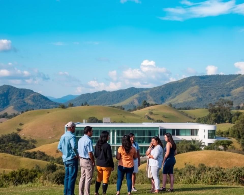 A tranquil Colombian landscape, with lush rolling hills and a clear blue sky. In the foreground, a modern, well-equipped medical facility stands, its glass facade reflecting the natural surroundings. In the middle ground, a group of prospective parents, both American and Colombian, converse animatedly, discussing the surrogacy process. The mood is one of hope, optimism, and a sense of community, conveying the advantages of choosing Colombia for surrogacy. The lighting is soft and natural, with a warm, inviting tone. The camera angle is slightly elevated, providing a panoramic view of the scene, capturing the seamless integration of the medical facility and the picturesque Colombian setting.