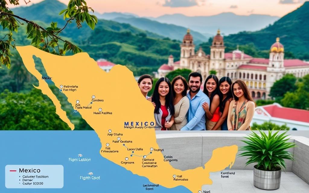 A vibrant travel guide exploring the unique experience of egg donation in Mexico. In the foreground, a map of Mexico highlighting the key destinations, with icons representing medical facilities and donor accommodations. In the middle ground, a group of diverse, smiling individuals representing the international network of egg donors and recipients. The background features lush, verdant landscapes, iconic Mexican architecture, and a warm, golden-hour lighting that evokes a sense of tranquility and cultural immersion. The composition conveys the idea of a comprehensive, immersive guide to navigating the rewarding, yet nuanced, journey of egg donation in Mexico.