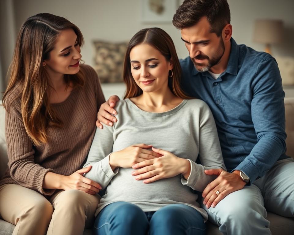 A warm, intimate scene of intended parents providing emotional support to their surrogate. In the foreground, the surrogate sits comfortably, her expression serene as the intended parents flank her, holding her hands and gazing at her with tenderness and care. Soft, diffused lighting bathes the scene, creating a soothing, empathetic atmosphere. The middle ground features a cozy, home-like setting, with neutral-toned furnishings and subtle, calming decor. The background fades into a hazy, out-of-focus backdrop, allowing the central figures to take center stage. This image conveys the profound connection and emotional bond shared between the intended parents and their surrogate during this meaningful journey.