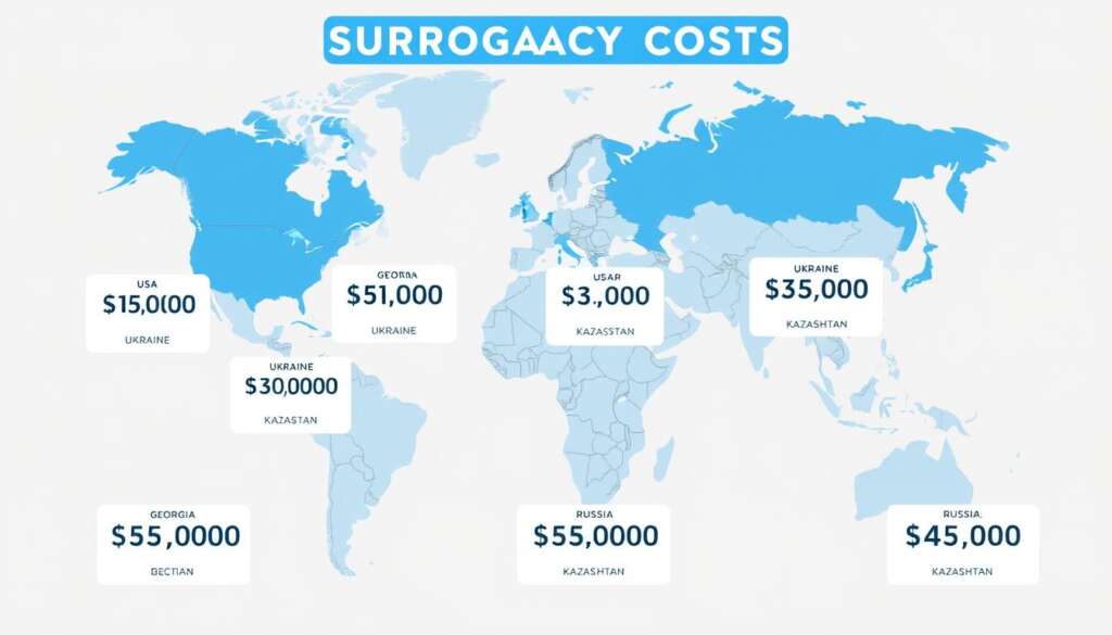 Global map highlighting surrogacy cost differences between Kazakhstan and other countries