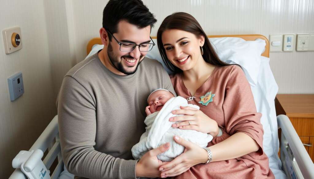 Newborn baby with happy parents after successful surrogacy in Kazakhstan