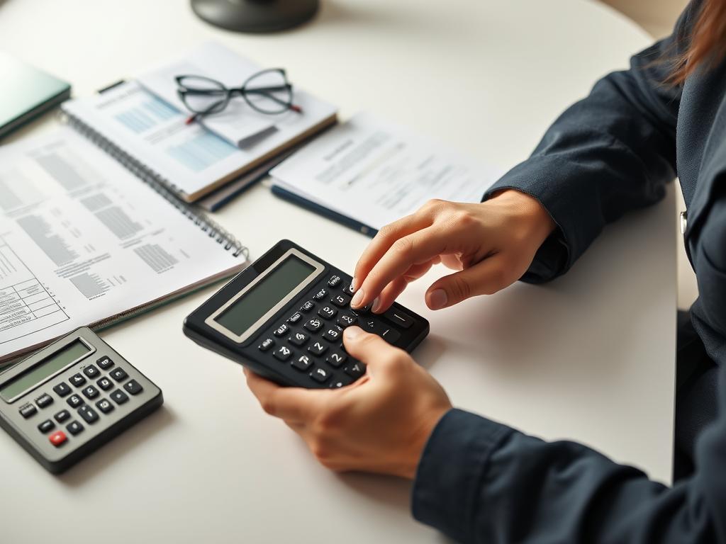 Person planning surrogacy budget with calculator and documents