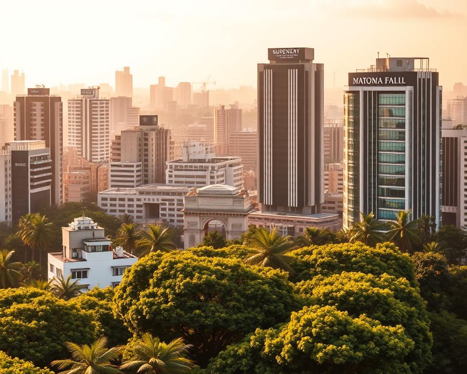 A bustling city skyline with high-rise buildings and lush greenery in the foreground, showcasing the prestigious surrogacy centers of Mumbai. The scene is bathed in warm, golden light, creating a serene and inviting atmosphere. In the middle ground, state-of-the-art medical facilities stand tall, their modern architecture reflecting the latest advancements in surrogacy treatments. Patients and medical staff can be seen entering and exiting the buildings, emphasizing the vibrant, thriving nature of these renowned surrogacy hubs. The background is filled with the iconic landmarks of Mumbai, such as the Gateway of India, adding to the cultural richness of the scene. The image conveys a sense of professionalism, compassion, and cutting-edge medical expertise that defines the top surrogacy hospitals in this dynamic Indian city.