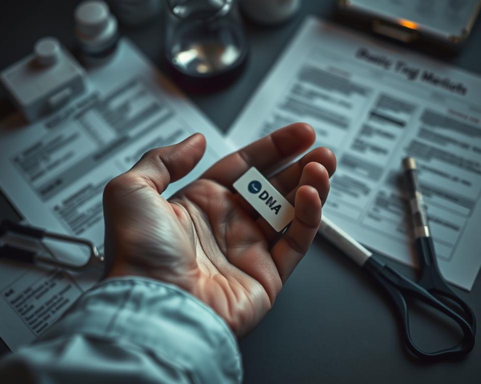 A close-up view of a person's hand holding a DNA test kit, surrounded by medical documents and laboratory equipment. The image conveys a sense of contemplation and concern, with a somber, muted color palette. The lighting is soft and diffused, creating a pensive, introspective atmosphere. The focus is on the hand and test kit, with the background blurred to emphasize the centrality of the genetic testing process. The overall composition suggests the weighty considerations and potential risks associated with genetic testing.