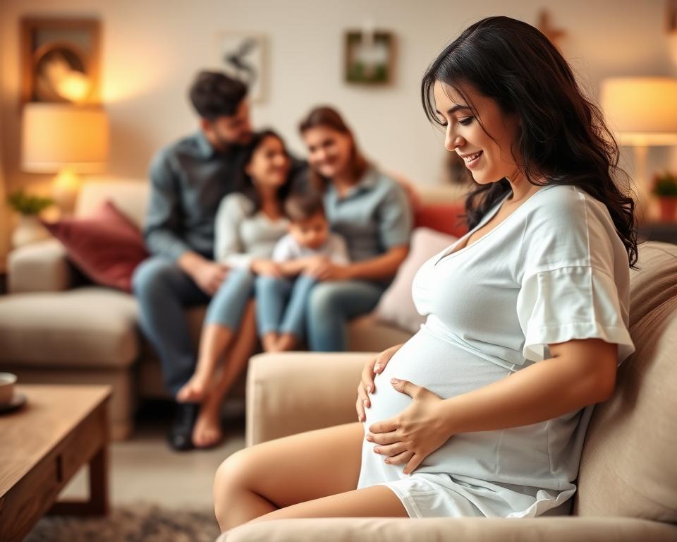 A cozy and inviting home setting showcasing affordable surrogacy arrangements. In the foreground, a pregnant surrogate mother sits comfortably on a plush sofa, surrounded by warm lighting and cheerful décor. In the middle ground, a family of three - prospective parents and a young child - engage in a heartfelt conversation, exuding a sense of joy and anticipation. The background features a well-appointed living room with tasteful furnishings, hinting at the budget-friendly nature of the surrogacy process facilitated by IVF Conceptions. The overall scene conveys a harmonious and welcoming atmosphere, embodying the concept of accessible and affordable surrogacy options.