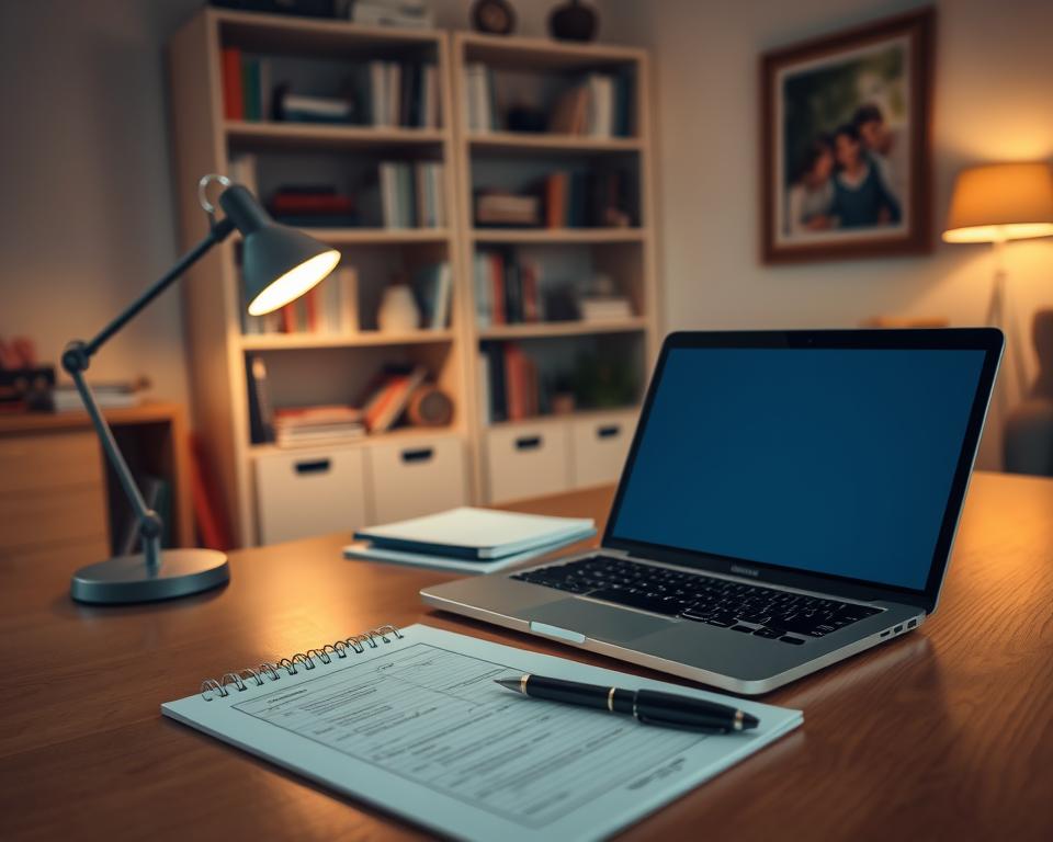 A cozy home office with a laptop, notepad, and pen laid out on a wooden desk. Warm lighting from a desk lamp illuminates the scene, casting a soft glow. In the background, a bookshelf filled with reference materials and a framed family photo on the wall, evoking a sense of purpose and personal connection. The room is clean and organized, creating an atmosphere conducive to thoughtful planning and profile creation. The overall mood is one of focus, productivity, and a touch of hopefulness, reflecting the process of crafting an intended parent profile.