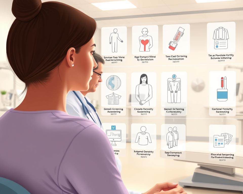 A detailed medical illustration showcasing the comprehensive egg donation and surrogacy screening process. In the foreground, a female figure sits calmly as a healthcare professional examines her. In the middle ground, a series of diagnostic tests, including blood work, genetic screenings, and fertility assessments, are depicted. The background features a state-of-the-art fertility clinic, with sleek medical equipment and a soothing, professional atmosphere. The lighting is soft and diffused, creating a sense of reassurance and care. The overall composition conveys the thorough, compassionate nature of the comprehensive services offered.