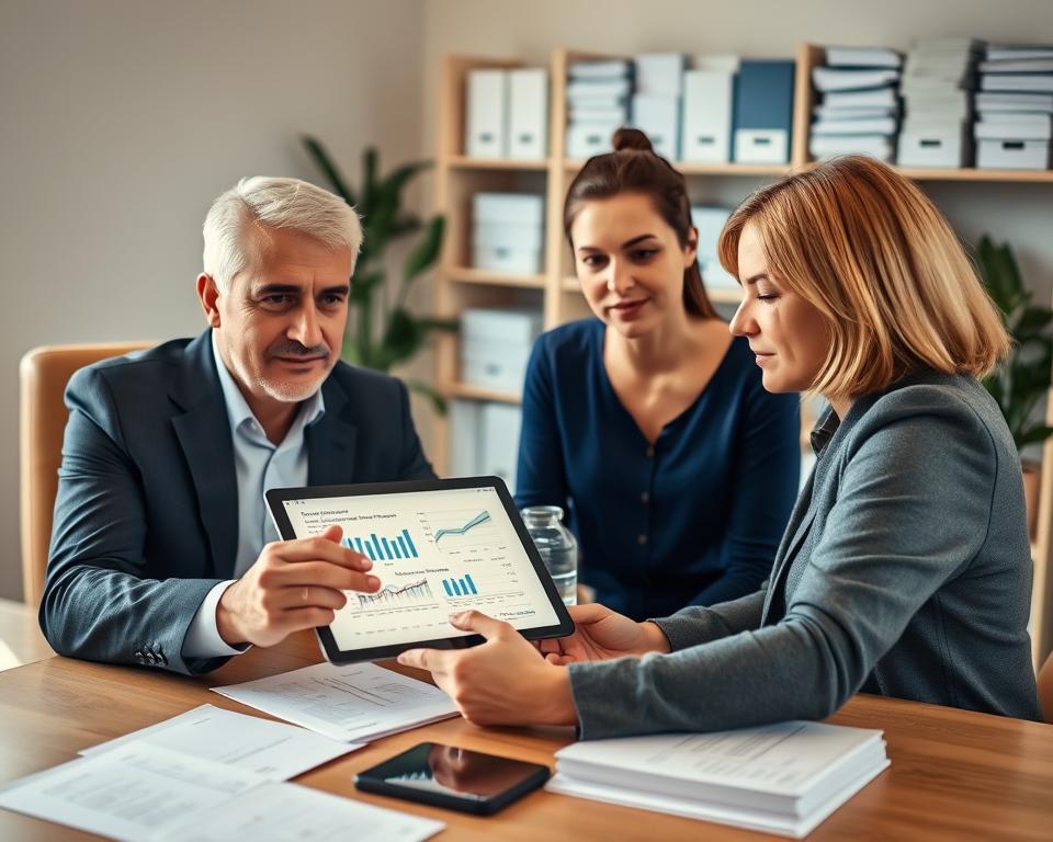 A financial advisor sits at a desk, reviewing documents and financial projections with a couple planning for surrogacy. The scene is lit with warm, natural lighting, creating a professional yet approachable atmosphere. In the foreground, the advisor gestures towards a tablet displaying charts and graphs, guiding the couple through the complex financial considerations of the surrogacy process. The middle ground features the couple, their expressions attentive and engaged, as they discuss the details with the advisor. In the background, shelves of financial records and a potted plant add depth and a sense of an established office setting. The overall mood conveys a sense of expertise, care, and a collaborative approach to the surrogacy journey.