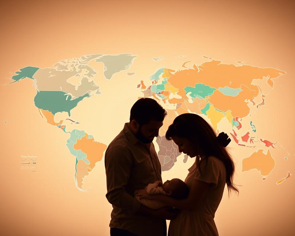 A global map of the world in soft, muted tones, with various countries highlighted in different colors to represent the varying surrogacy costs. In the foreground, a close-up view of a family - a couple and a newborn baby - conveying the emotional and personal aspect of surrogacy. The middle ground features silhouettes of individuals, representing the diverse people involved in the surrogacy process. The background showcases subtle financial data visualizations, such as charts and graphs, to illustrate the cost differences across regions. The overall scene has a warm, documentary-style lighting, capturing the complexity and nuance of the surrogacy landscape around the world.