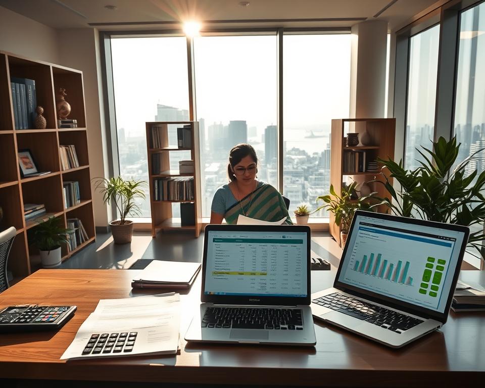 A modern accounting office in Maharashtra, India. Sunlight streams through large windows, illuminating a desk with a calculator, financial documents, and a laptop displaying a budget breakdown. In the middle ground, a woman in a sari reviews paperwork, surrounded by bookshelves and potted plants. The background features the iconic architecture of Mumbai, with skyscrapers and the Arabian Sea visible in the distance. The overall atmosphere conveys professionalism, attention to detail, and the careful management of surrogacy costs.