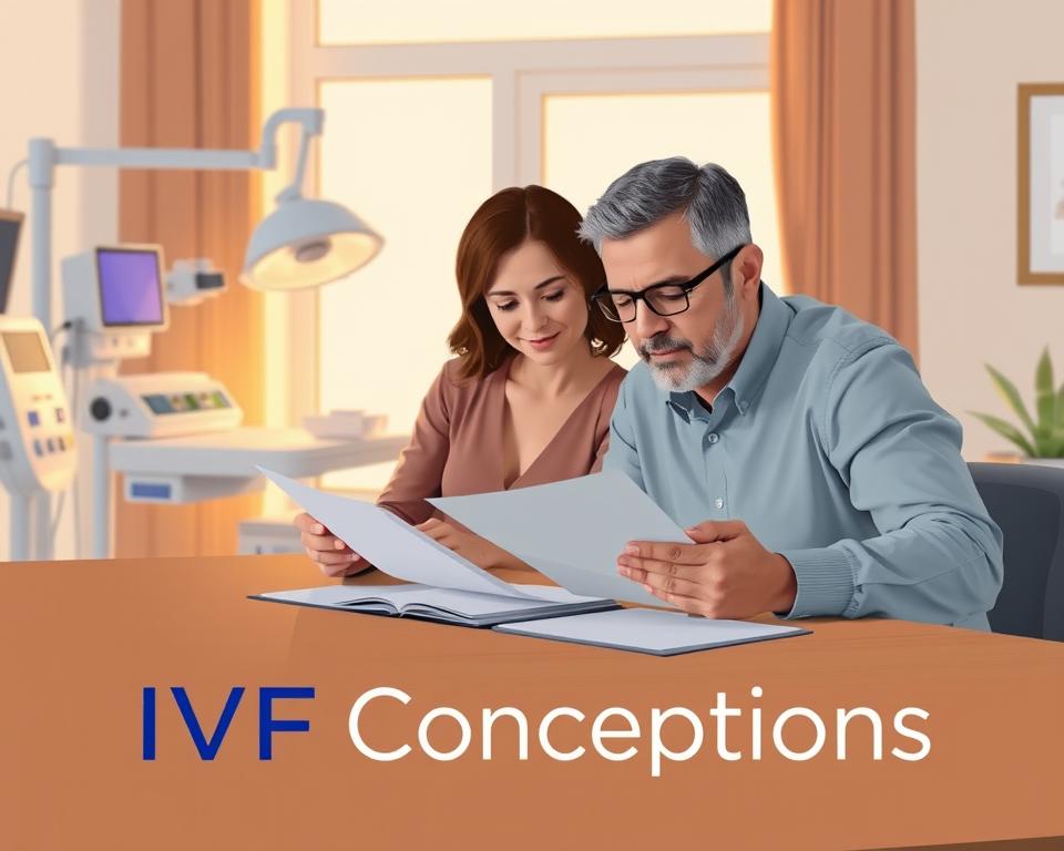 A modern, minimalist illustration of independent surrogacy expenses. A middle-aged couple sits at a wooden table, intently reviewing financial documents. Behind them, a softly-lit backdrop of medical equipment and legal paperwork suggests the complexities of the surrogacy process. Warm lighting from a large window casts a cozy glow, conveying a sense of determination and focus. The couple's expressions reflect the gravity of their situation, yet an underlying optimism shines through. In the foreground, the "IVF Conceptions" logo prominently displays, lending an air of professionalism and expertise to the scene.