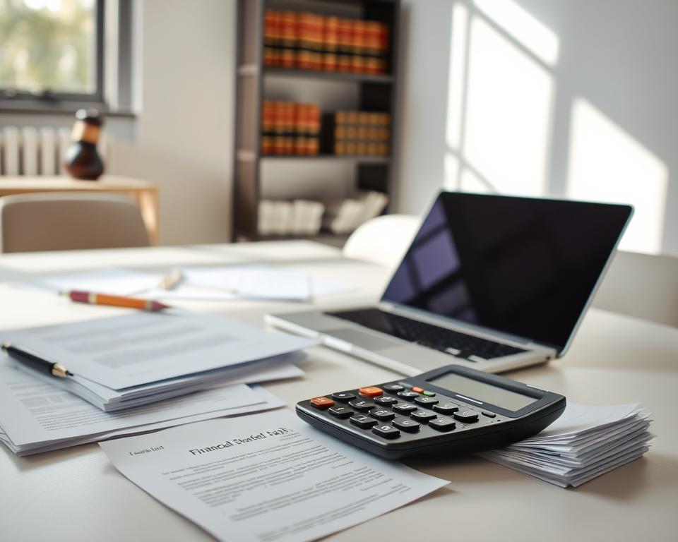 A modern, minimalist office setting with a desk, laptop, and scattered legal documents. The lighting is soft and natural, creating a calm, professional atmosphere. In the foreground, a calculator and a stack of financial paperwork symbolize the financial considerations of surrogacy. In the background, a bookshelf with legal tomes hints at the legal aspects. The overall composition conveys the careful planning and attention to detail required when navigating the legal and financial complexities of surrogacy.