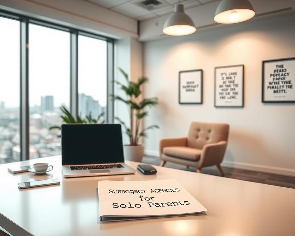 A modern, minimalist office setting with large windows overlooking a city skyline. In the foreground, a desk with a laptop, phone, and neatly arranged office supplies. On the desk, a sleek brochure with the words "Surrogacy Agencies for Solo Parents" prominently displayed. Behind the desk, a stylish armchair and a potted plant, creating a warm and welcoming atmosphere. The walls are adorned with framed artwork and motivational quotes, reflecting a professional yet personalized environment. Soft, diffused lighting from overhead fixtures casts a gentle glow, creating a sense of tranquility and focus. The overall impression is one of a well-organized, reputable surrogacy agency catering to the unique needs of solo parents.