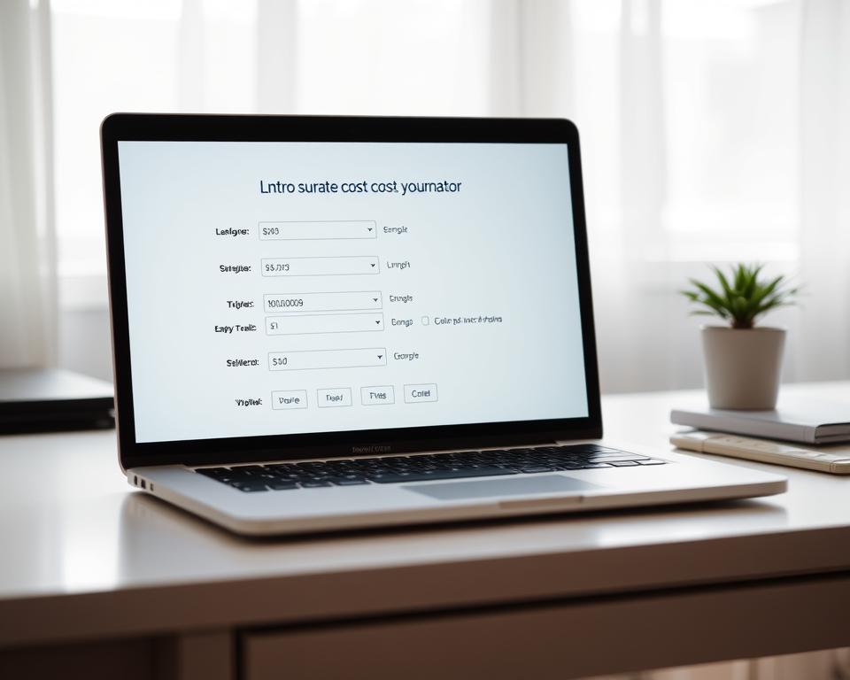 A modern, minimalist surrogate cost estimator interface displayed on a laptop screen, positioned on a clean, uncluttered desk. The display features intuitive input fields, sliders, and toggles that allow the user to input relevant details about their surrogacy journey. The interface is illuminated by soft, diffused lighting from a window, creating a calm and professional atmosphere. The laptop's sleek, silver chassis is complemented by the neutral tones of the desk and a discreet potted plant, creating a visually appealing and functional work environment.