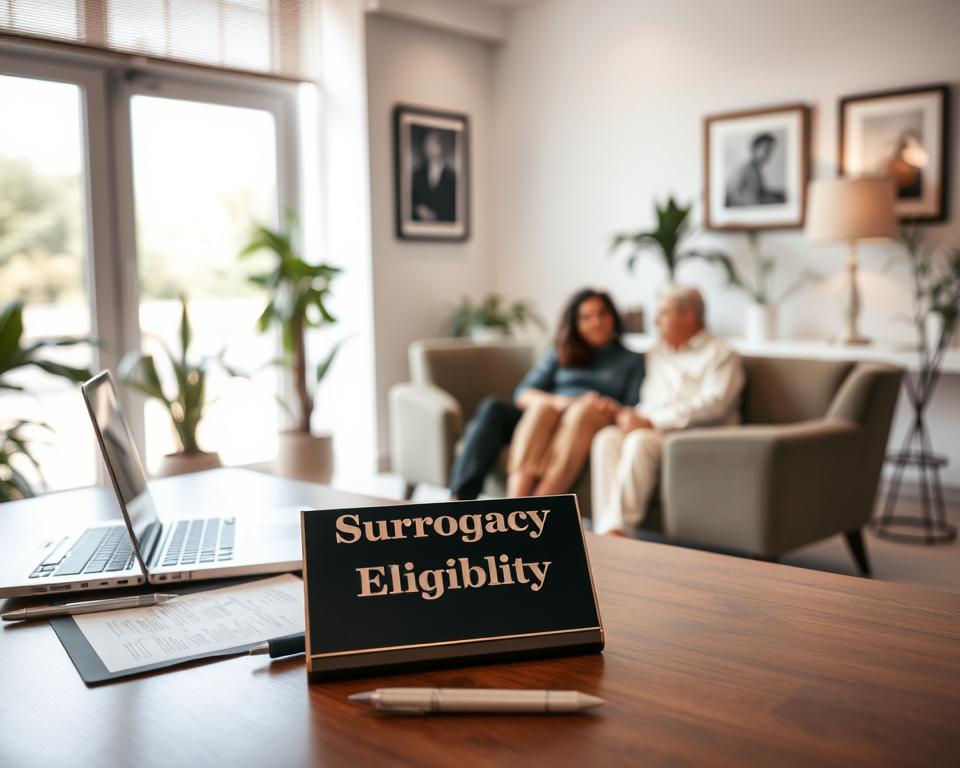 A modern office setting with a warm, professional atmosphere. In the foreground, a desk with a laptop, pen, and legal documents arranged neatly. On the desk, a plaque reads "Surrogacy Eligibility - Mumbai". Behind the desk, a middle-aged couple sits in comfortable chairs, engaged in a serious discussion with a fertility specialist. The background features floor-to-ceiling windows, allowing natural light to fill the space and create a sense of openness. The room is decorated with tasteful artwork and plants, conveying a sense of authority and expertise. The lighting is soft and diffused, creating a calming, contemplative mood.