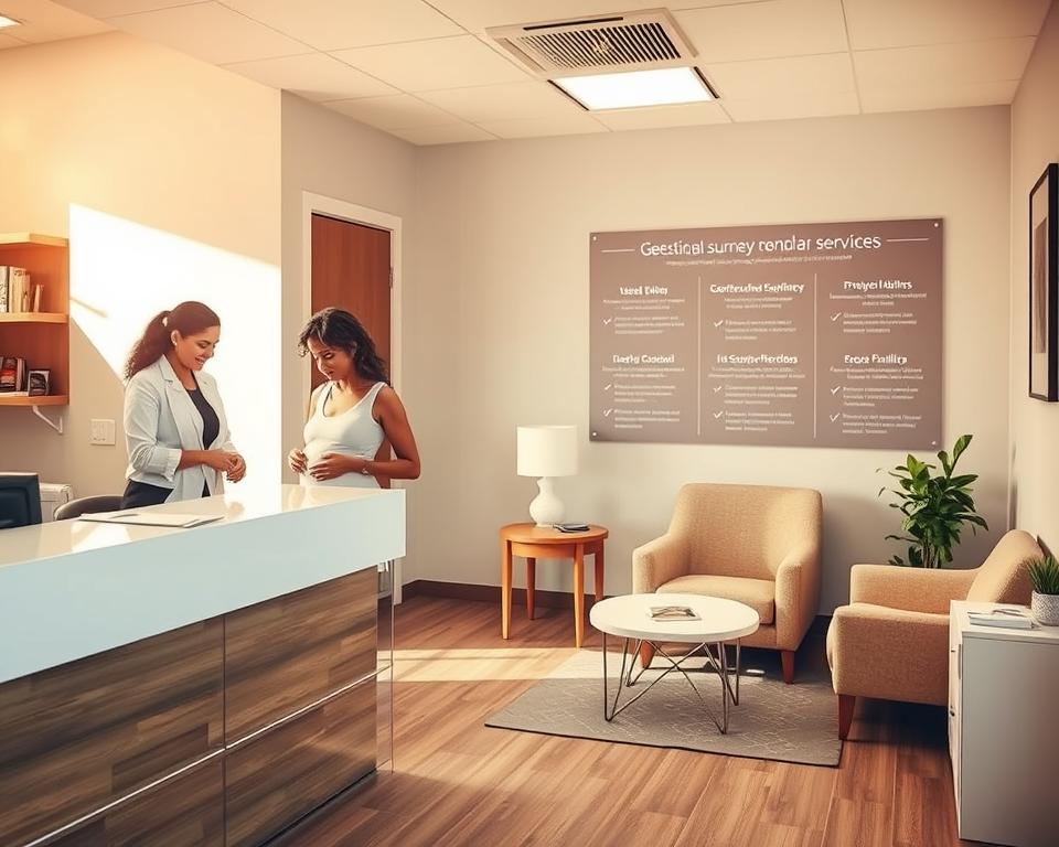 A serene, professional medical office setting, bathed in warm, natural lighting. In the foreground, a welcoming reception desk with a caring staff member assisting a pregnant surrogate mother. The middle ground showcases a comfortable seating area, with supportive brochures and informational materials available. In the background, a wall-mounted display highlights the various gestational surrogacy services offered, conveying a sense of compassionate, comprehensive care. The overall atmosphere exudes empathy, trust, and a commitment to guiding families through the surrogacy journey.