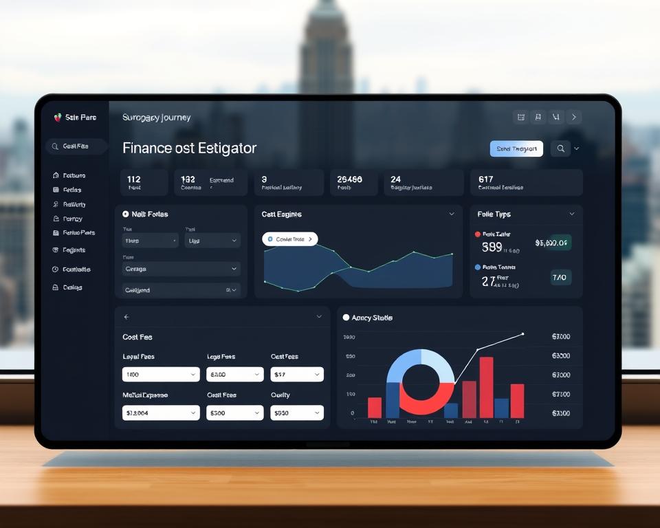 A sleek, modern finance dashboard featuring a detailed surrogacy journey cost estimator. In the foreground, a minimalist interface displays input fields and interactive sliders to customize cost parameters like legal fees, medical expenses, and agency charges. The middle ground showcases a dynamic visualization, perhaps a pie chart or line graph, dynamically updating to reflect the estimated total surrogacy journey cost. The background is a serene, blurred cityscape, conveying a sense of professionalism and financial security. The lighting is soft and balanced, creating a clean, sophisticated atmosphere. The camera angle is slightly elevated, giving the impression of an authoritative, bird's-eye view of the financial planning process.