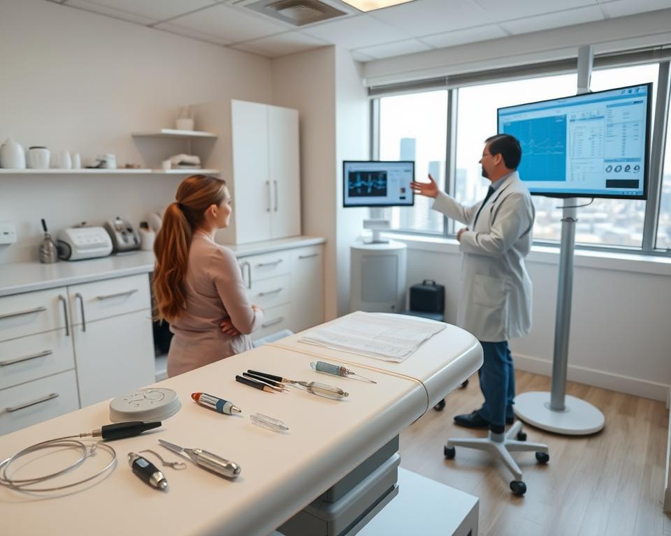 A sterile, well-lit medical examination room. In the foreground, an examining table with various fertility treatment instruments and equipment neatly arranged. In the middle ground, a woman seated on the table, speaking with a doctor in a white coat. The doctor is gesturing to a screen displaying medical charts and test results. The background features medical cabinets, shelves, and a large window overlooking a cityscape. The overall atmosphere is one of professionalism, care, and attention to detail, reflecting the importance and technicality of fertility treatments.
