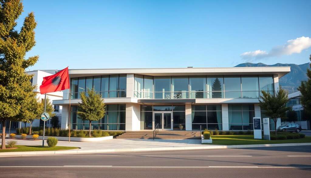 Albanian cityscape with modern fertility clinic in foreground, representing surrogacy in Albania