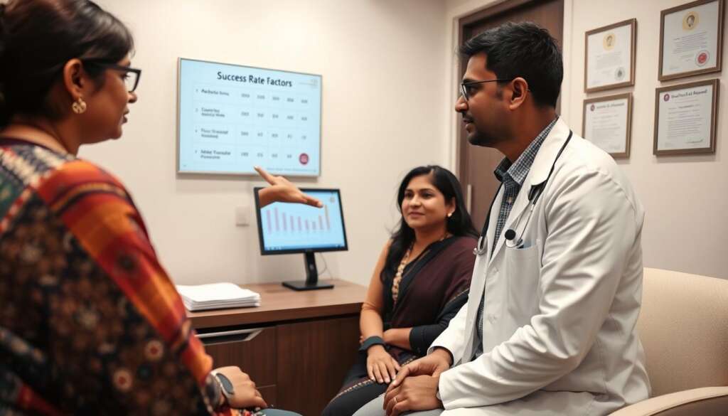 Doctor discussing surrogacy success factors with a couple in Mumbai