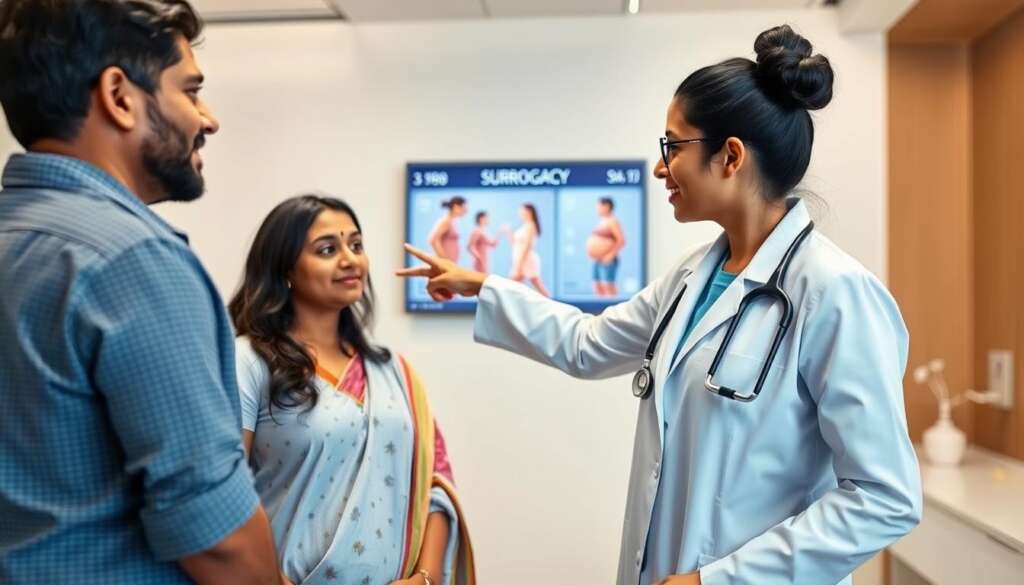 Doctor explaining surrogacy process to a couple in a Mumbai fertility clinic