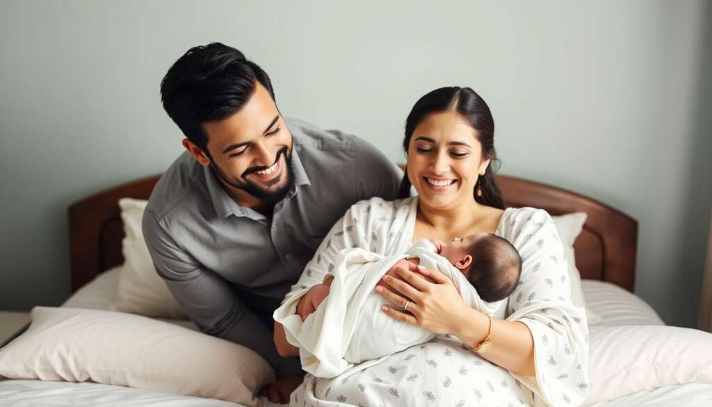Happy couple with newborn baby after successful IVF with surrogacy in Mumbai