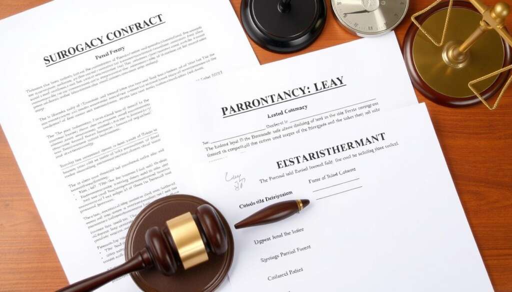 Legal documents for surrogacy including contracts and parentage orders with a gavel