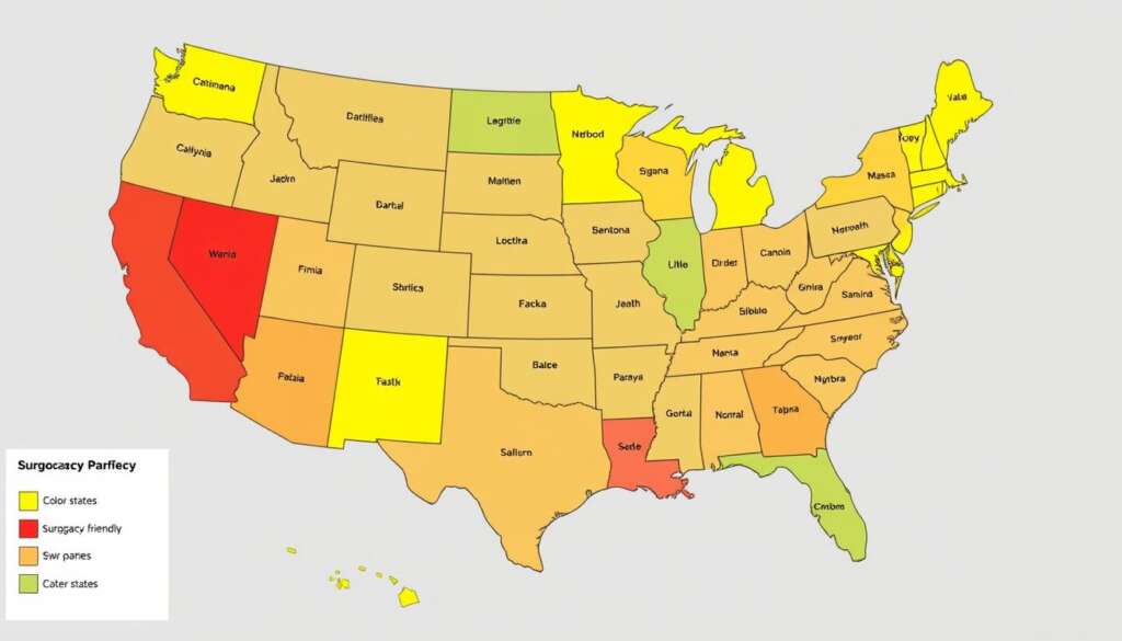 Map showing surrogacy laws across different US states with color coding for friendly, moderate, and unfriendly states