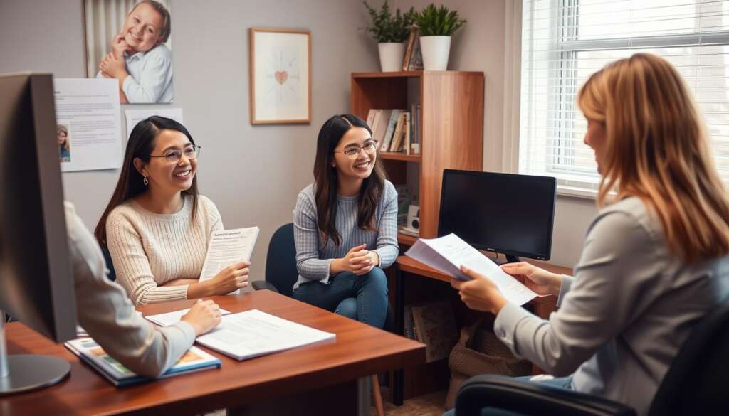 Professional meeting between intended parents and a surrogacy agency representative discussing options